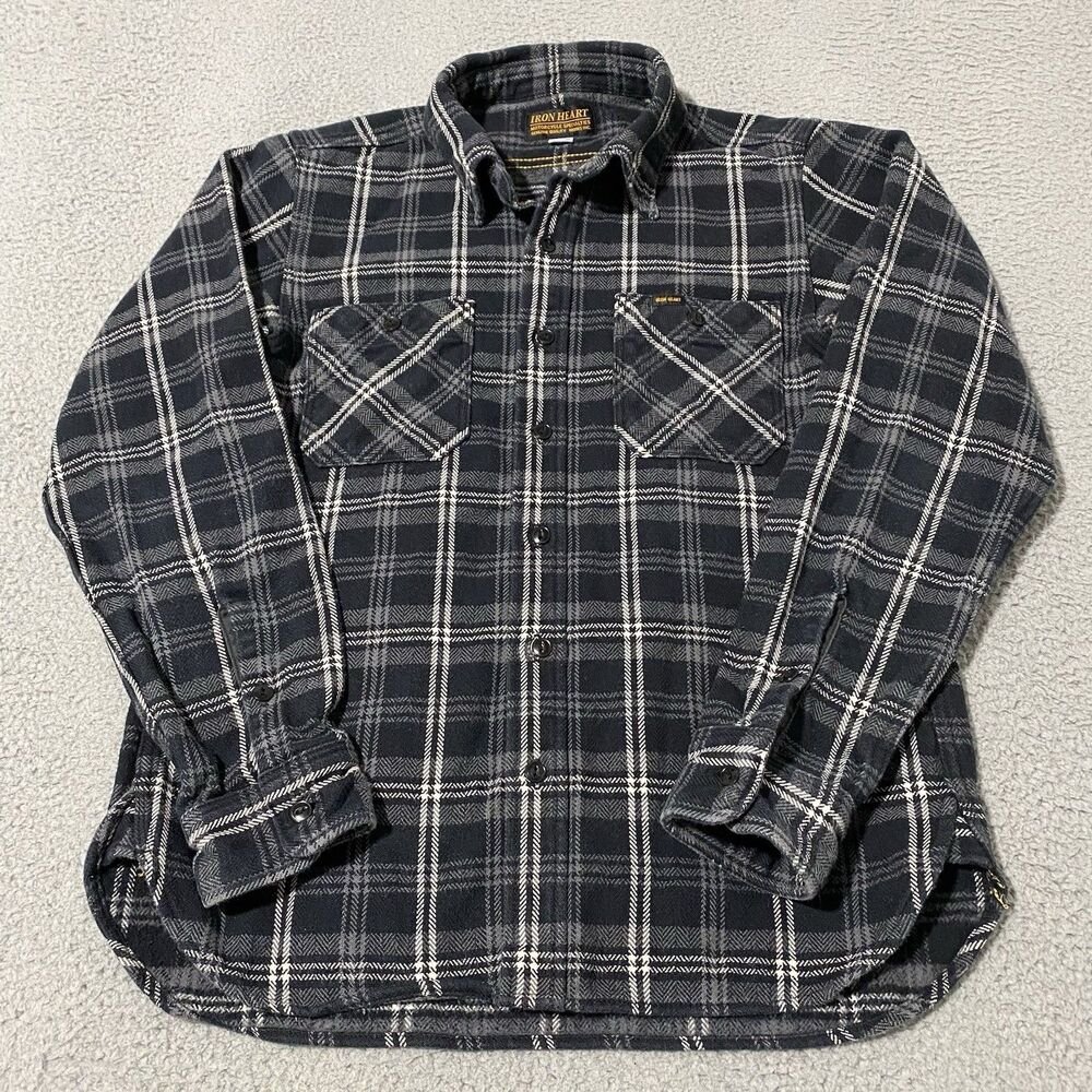 Iron Heart Flannel Shirt Mens Medium Gray Black Plaid Button Thick Heavy Work